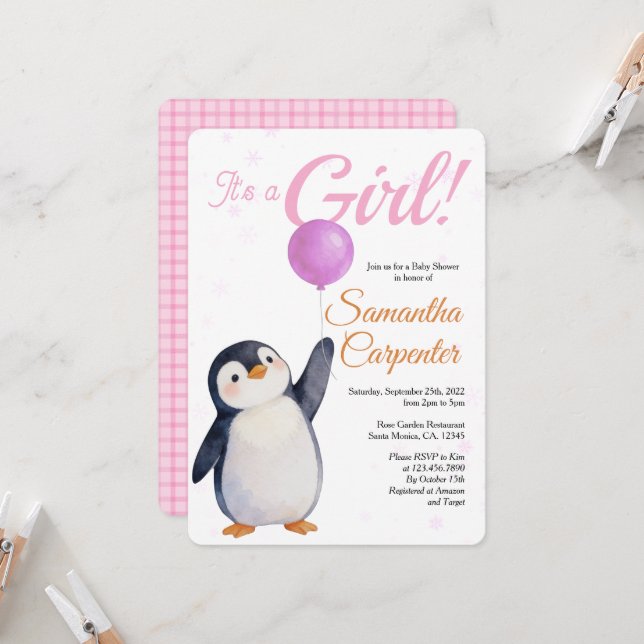 Girl's Penguin Pink Baloon Watercolor Baby Shower Invitation (Front/Back In Situ)