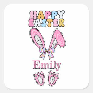 Girls Personalise Happy Easter Bunny Pink Square Sticker