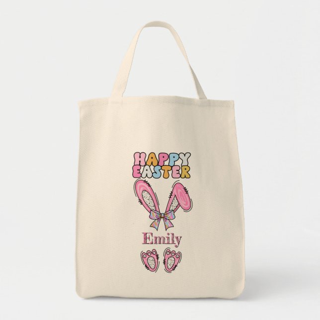 Girls Personalise Happy Easter Bunny Pink Tote Bag (Front)