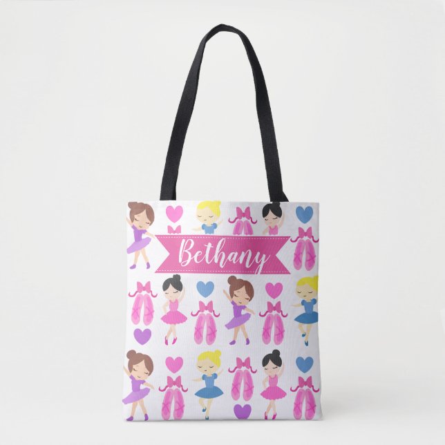 Girl's Personalised Ballet Dancers Pattern Tote Bag (Front)