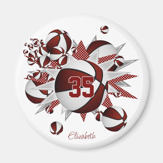 girls personalised basketballs stars maroon magnet (Front)