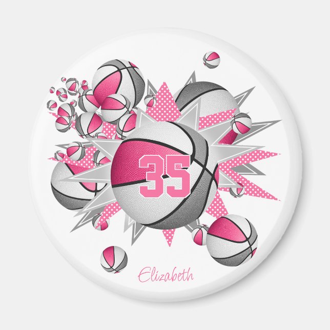 girls personalised basketballs stars pink grey magnet (Front)