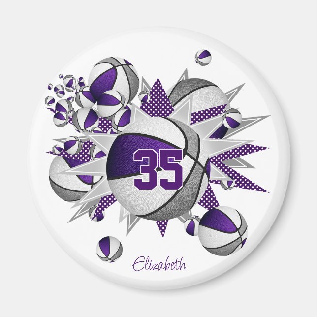 girls personalised basketballs stars purple grey magnet (Front)
