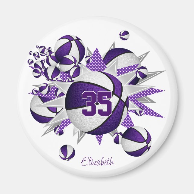 girls personalised basketballs stars purple white magnet (Front)