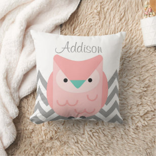 Girl's Personalised Chevron Grey and Pink Owl Cushion