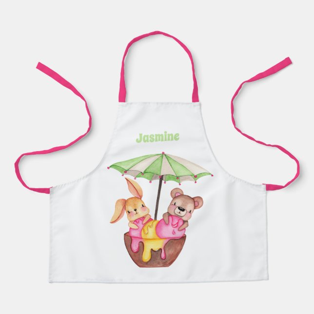 Girls Personalised Cute Animals Ice cream Bowl Fun Apron (Front)