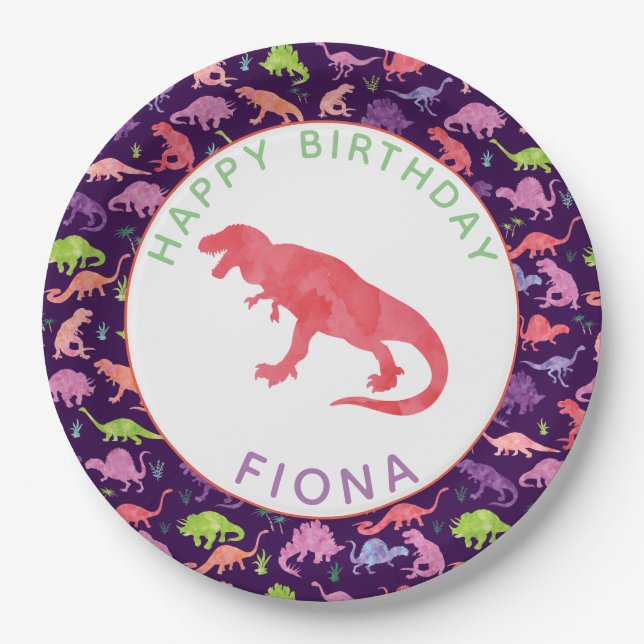 Girls Personalised Dinosaur Birthday Party Pattern Paper Plate (Front)