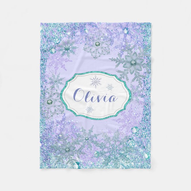 Girls Personalised Frozen Snowflake Fleece Blanket (Front)
