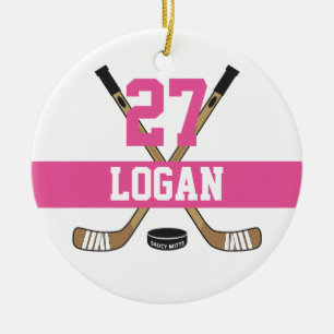 Girls Personalised Hockey Player Name Number Pink Ceramic Ornament