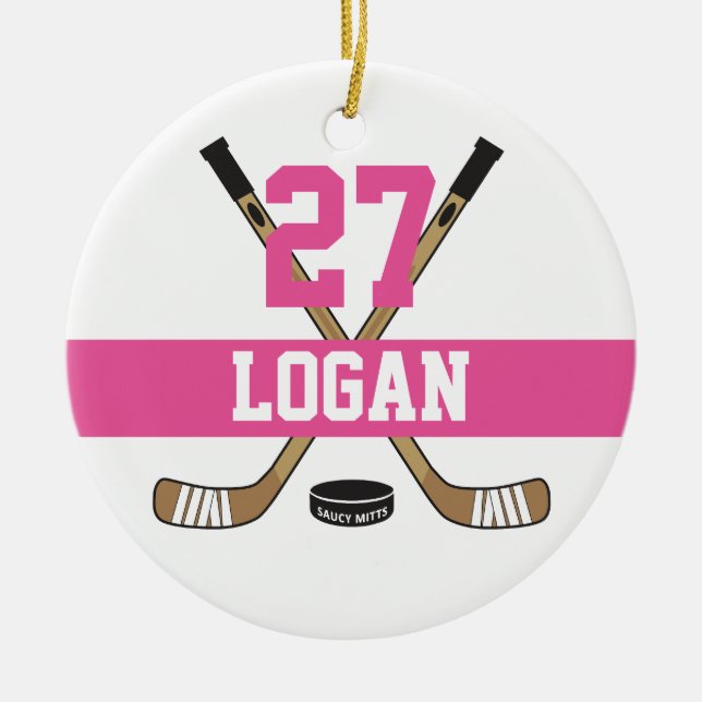 Girls Personalised Hockey Player Name Number Pink Ceramic Ornament (Front)