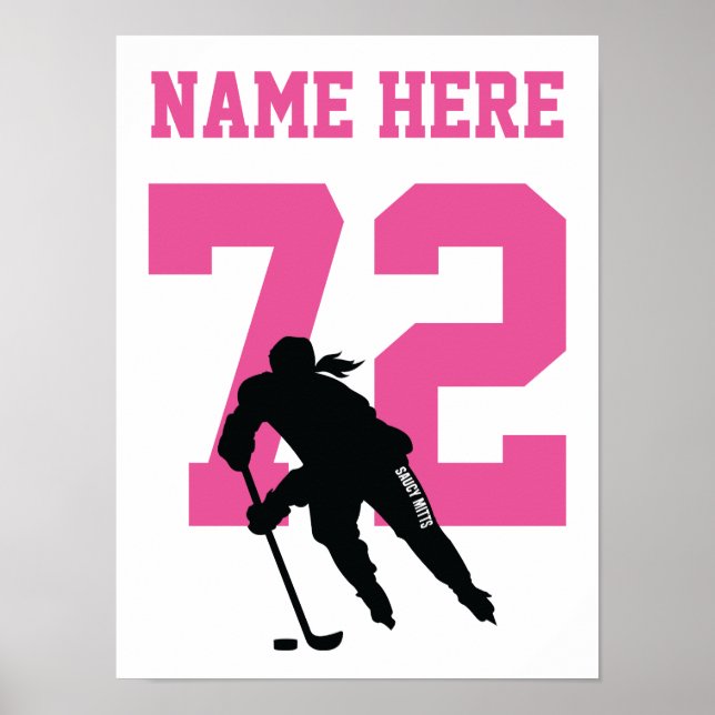 Girls Personalised Hockey Player Number Pink Poster (Front)
