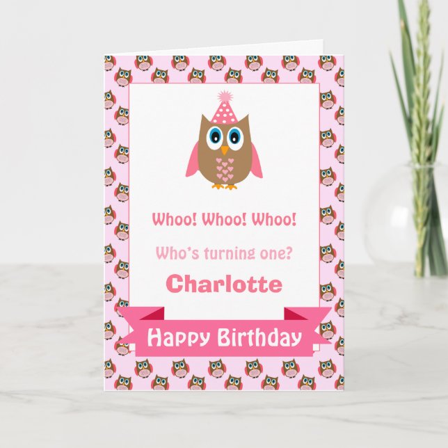 Girls Personalised Owl Birthday Card (Front)