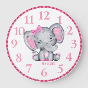Girls Personalised Pink Elephant Wall Clock