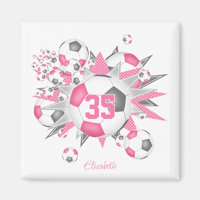 girls personalised soccer ball blowout pink grey  magnet (Front)