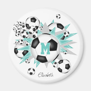 girls personalised soccer balls stars light teal magnet