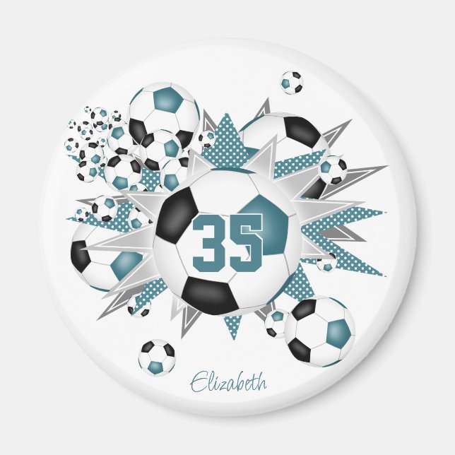 girls personalised soccer balls stars teal black magnet (Front)