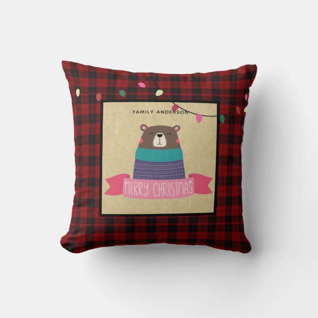 Girls Personalised Xmas Brown Bear Buffalo Plaid Cushion (Front)
