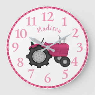 Girls Personalized Pink Tractor Wall Clock