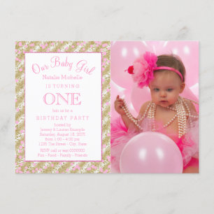 Girls Photo 1st Birthday Party Pink Gold Confetti Invitation