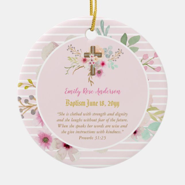 Girls PHOTO Baptism Christening Gift Proverb 31:25 Ceramic Ornament (Front)