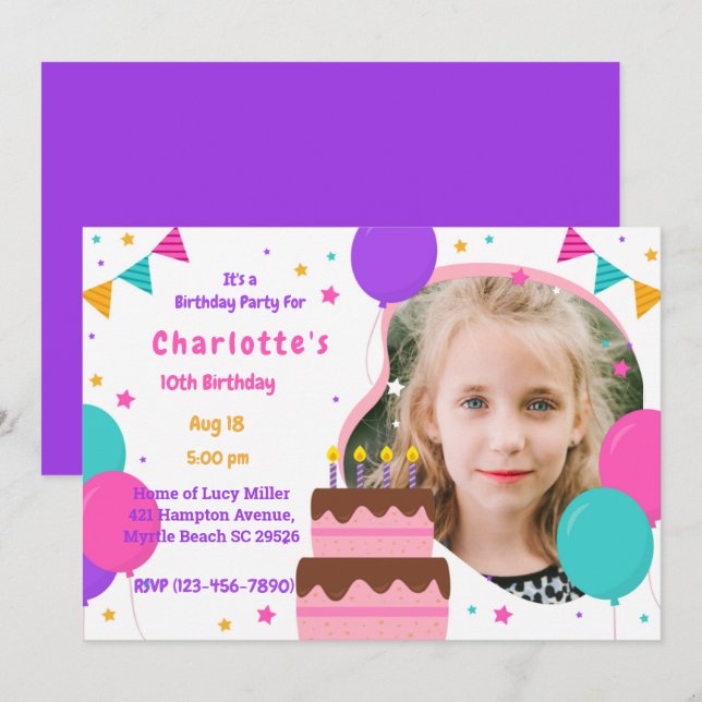 Girls Photo Cute Pink Purple Birthday Party   Invitation (Front/Back)