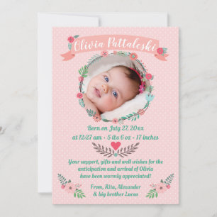 Girls Photo Floral Wreath Baby Arrival Thank You Announcement