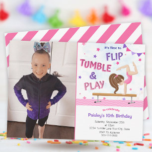 Girls Photo Gymnastics Birthday Party  Invitation