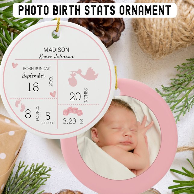 Girls Photo Personalised Birth Announcement Ceramic Ornament (Creator Uploaded)