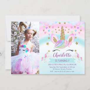 Girls Photo Pink Bow Unicorn Birthday Invitation