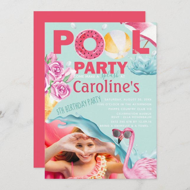 Girls Photo Pool Party Birthday Invitation (Front/Back)