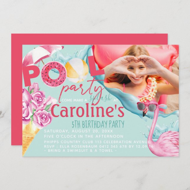 Girls Photo Pool Party Birthday Invitation (Front/Back)