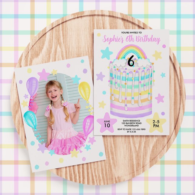 Girl's Photo Rainbow Birthday Party Invitation (Girls' Rainbow Cake Birthday Photo Invitation)