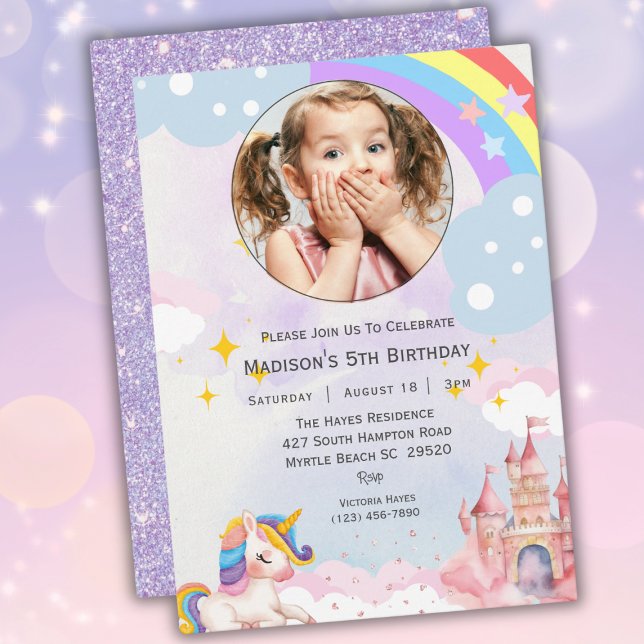 Girls Photo Rainbow Glitter 5th Birthday Party   Invitation (Creator Uploaded)