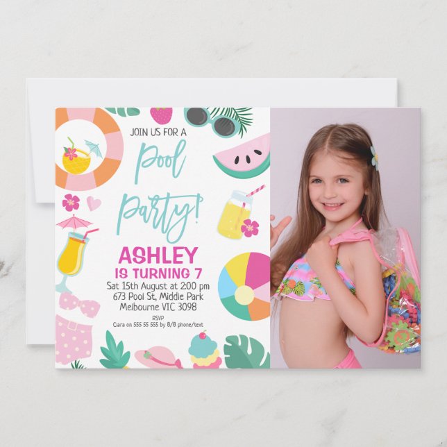 Girls Photo Summer Pool Party Birthday Invitation (Front)
