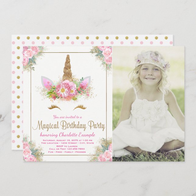 Girls Photo Unicorn Birthday Party Invitations (Front/Back)