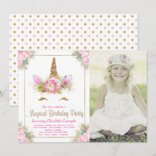Girls Photo Unicorn Birthday Party Invitations