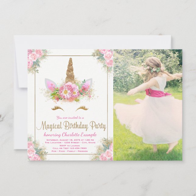 Girls Photo Unicorn Face Birthday Party Invitation (Front)