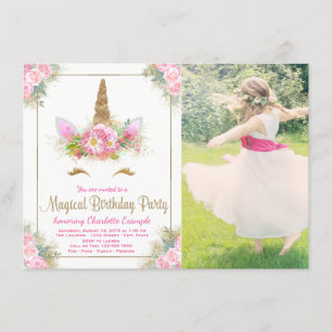 Girls Photo Unicorn Face Birthday Party Invitation