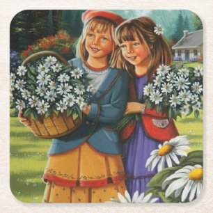 Girls Picking Flowers Fine Art Square Paper Coaster