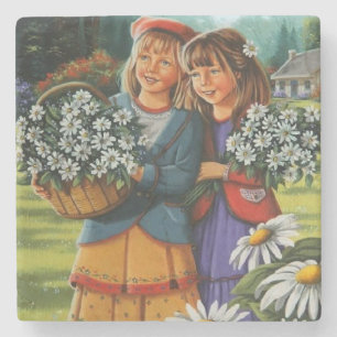 Girls Picking Flowers Fine Art Stone Coaster