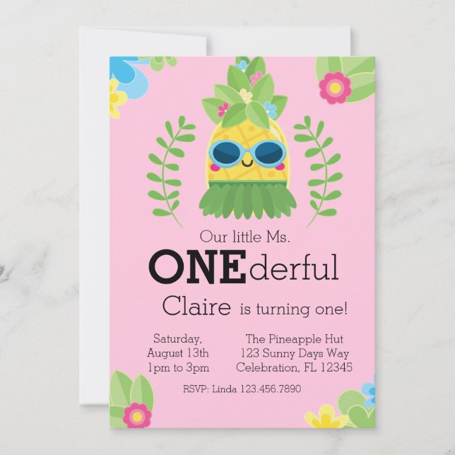 Girls Pineapple Ms. Onederful First Birthday Invitation (Front)