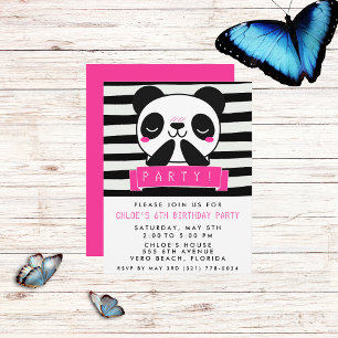 Girl's Pink and Black Cute Panda Birthday Party Invitation