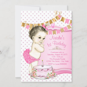 Girls Pink and Gold 1st Birthday Invitation