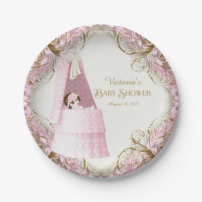 Girls Pink and Gold Bassinet Baby Shower Paper Plate (Front)