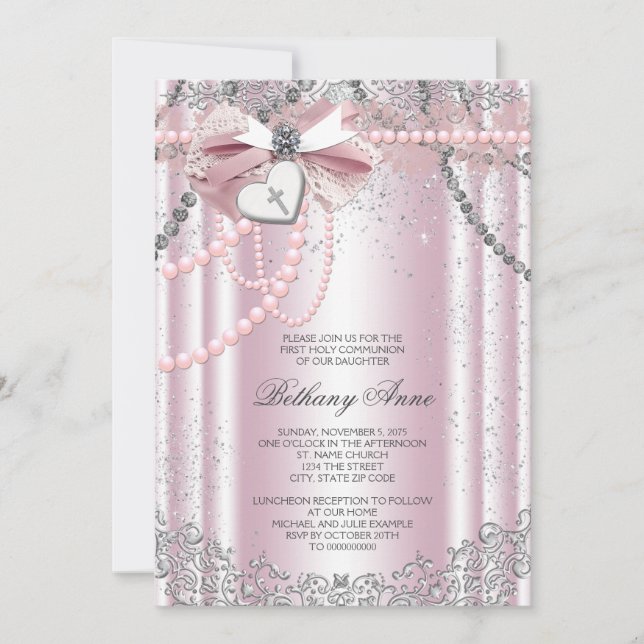 Girls Pink and Grey Pearl First Communion Invitation (Front)