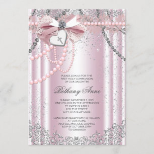 Girls Pink and Grey Pearl First Communion Invitation