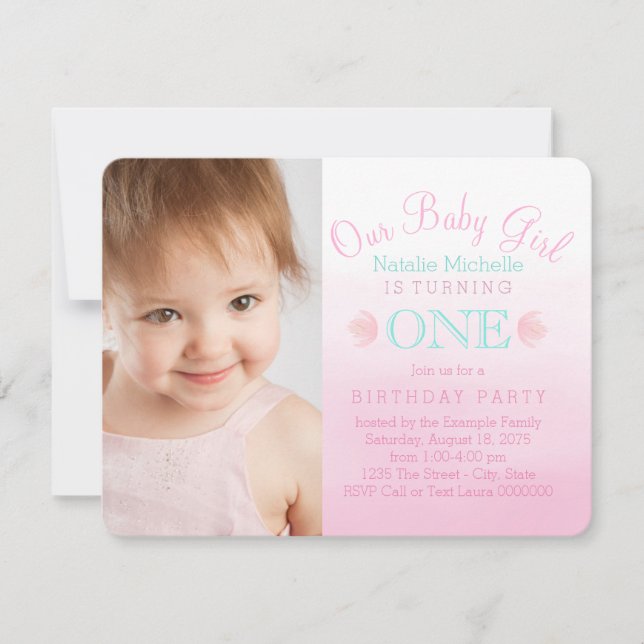 Girls Pink and Teal Blue First Birthday Party Invitation (Front)