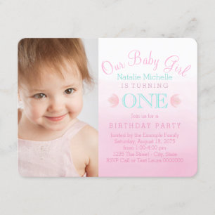 Girls Pink and Teal Blue First Birthday Party Invitation