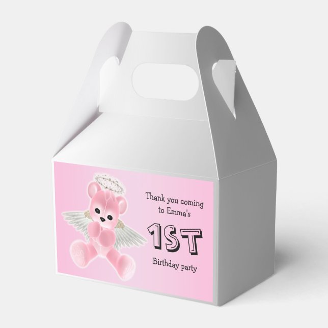 Girl's Pink Angel Teddy Bear 1st Birthday Party Favour Box (Front Side)