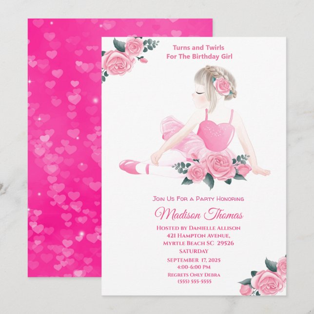 Girls Pink Ballerina Sparkle Hearts Birthday Party Invitation (Front/Back)